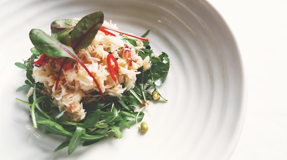 Crab with rocket and sprout salad and nam jim dressing